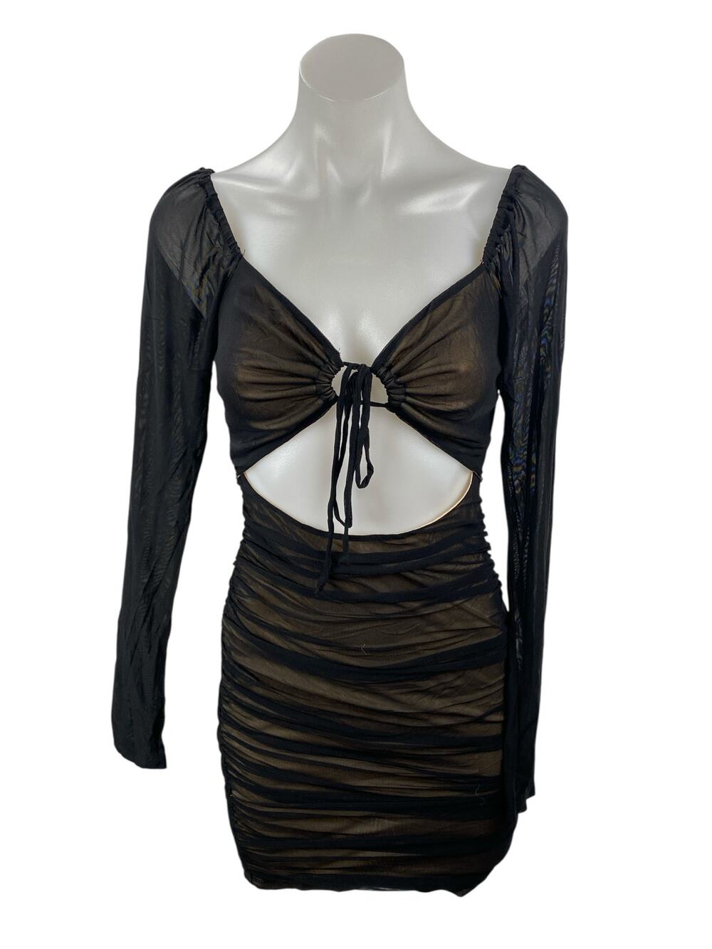 Forever 21 Black Mesh Long Sleeve Tie Knot Cutout Mini Bodycon Dress Size S